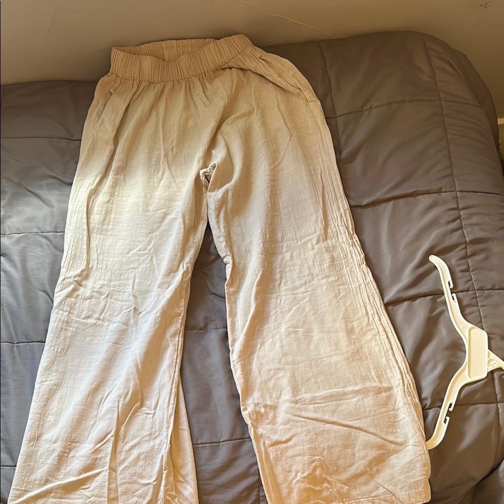 Beige Linen Wide-Leg Pants